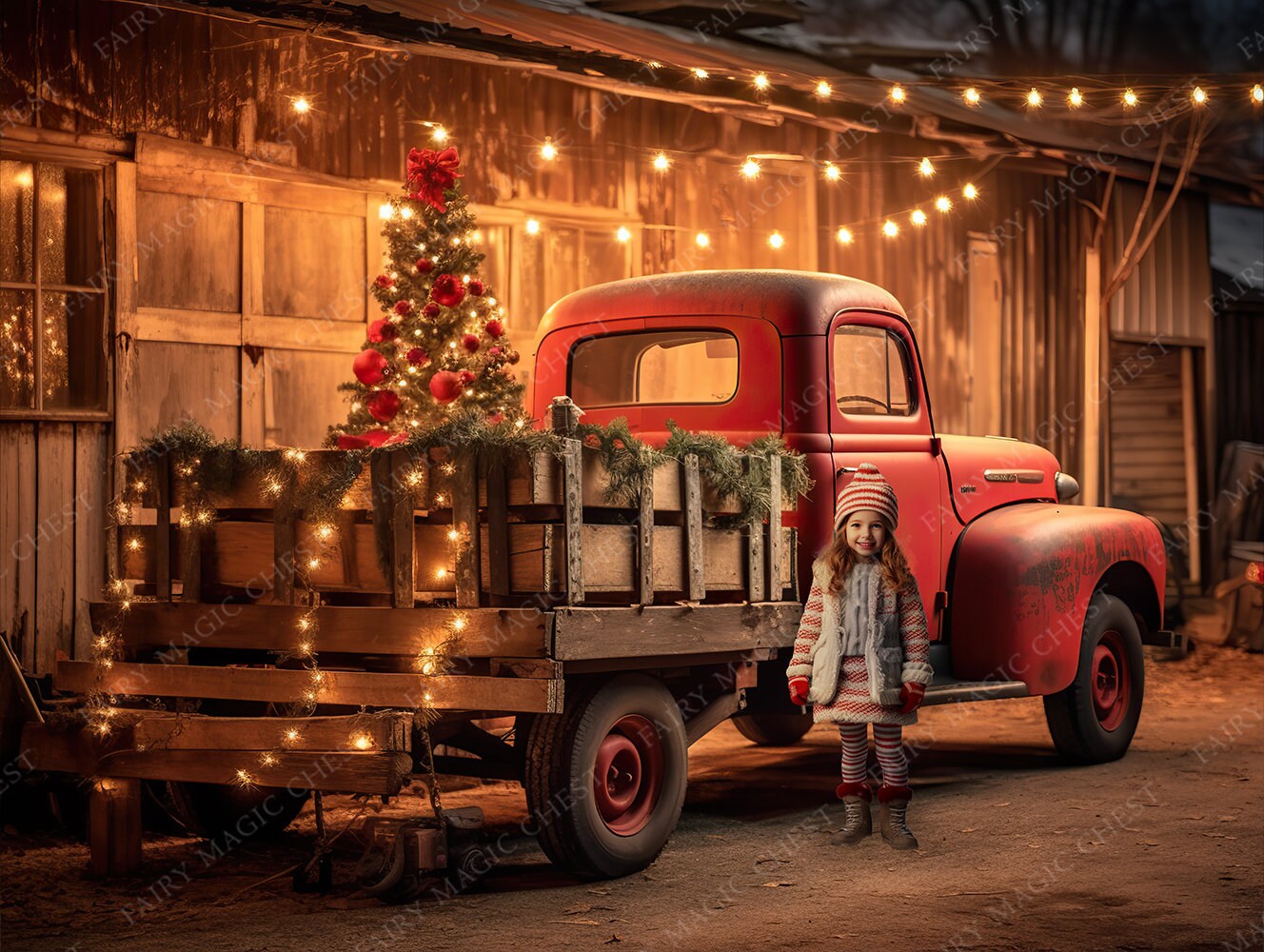 Christmas Red Pickup Digital Background. Christmas Rustic Vintage Digital Backdrop for Photography. Magical. Instant download