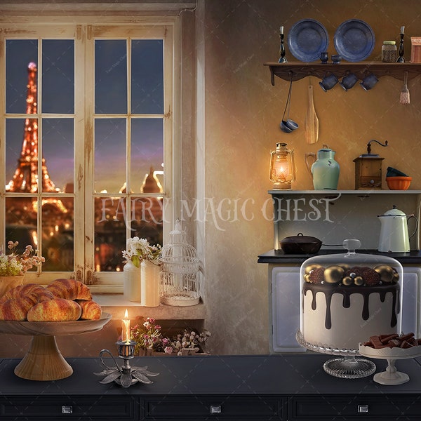 Digital background / backdrop for photography, vintage kitchen in Paris, retro kitchen, view of the Eiffel tower