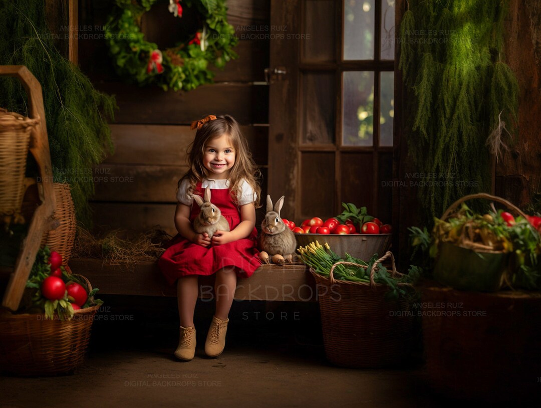 Digital Backdrop for Photography. Rustic Farmhouse Room With Bunny and