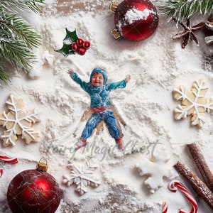 Christmas Baking Flour Angels PSD Sfondo digitale per fotografia, sfondo digitale natalizio. Angelo di neve. JPG e PNG. Download immediato