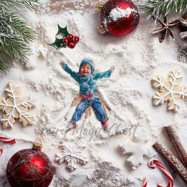 Christmas Baking Flour Angels PSD Digital Background for photography, Christmas Digital Backdrop. Snow Angel. JPG and PNG. Instant download
