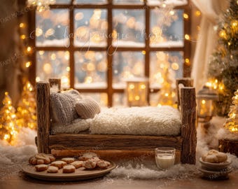 Christmas newborn digital backdrop rustic bed milk cookies, glowing lights. Instant download