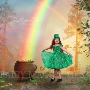 St Patricks Day Digital Background for Composite Photography. Pot of Gold and Rainbow. Digital Backdrop for Photoshop