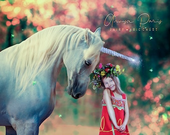 Digital background / backdrop Unicorn on creamy forest , magical bokeh and little  blossom in the air , for photography composite