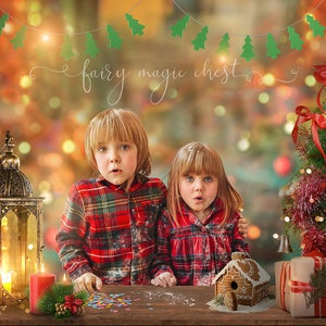 Christmas digital background, table with decorations: lantern, Christmas tree and gingerbread house. Bokeh back. For photography & Photoshop