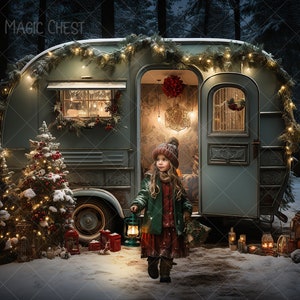 Weihnachten Camper Digital Hintergrund. Magische Nacht. Weihnachten Digitaler Hintergrund für Fotografie. Sofortiger Download.