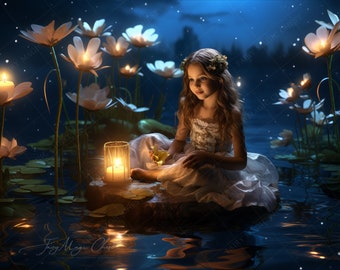 Fairy Lantern Pond Digital Backdrop , Enchanted Digital Background. Blue Waterlily Night Scene