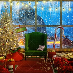 May include: A Christmas scene with a decorated tree, a green armchair, and a candy cane. The window behind the scene shows a snowy landscape with a sign that reads "The North Pole". The text "The Fairy and the Magic Chest" is written on the floor in front of the armchair.