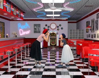 Retro diner digital background . Vintage bar 50 s . 3 files included. Digital Backdrop. Instant donwnload.