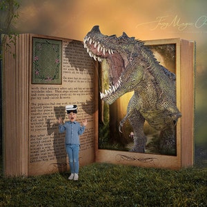 Dinosaur 's Book digital background / digital backdrop . Dinosaur coming out of the Storybook. Composite Photography and Photoshop
