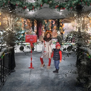 Christmas digital backdrop / background, Santa&#39;s mailbox on snowy bandstand