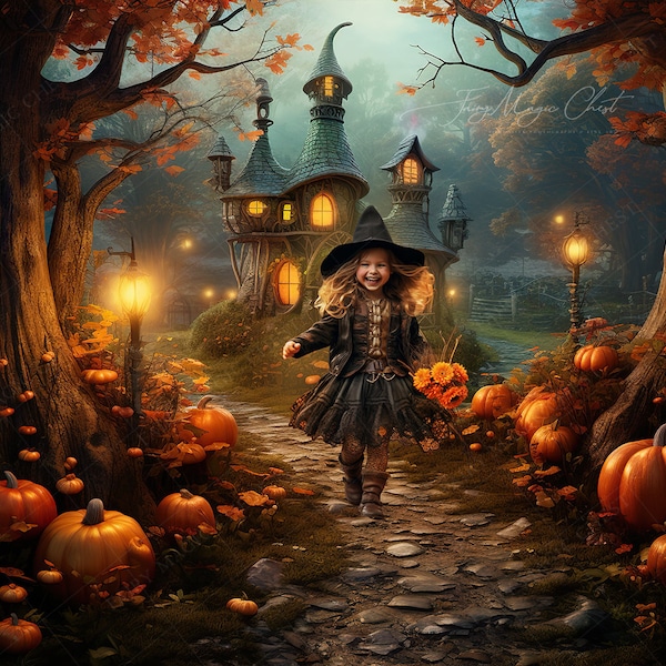 Halloween digital backdrop for photography, digital background. Pumpkins on the Enchanted Stone Path. Witch's Cottage. Instant download.