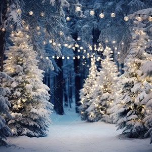 May include: A snowy woodland path lined with pine trees decorated with twinkling white lights. The path leads through the trees and disappears into the distance.