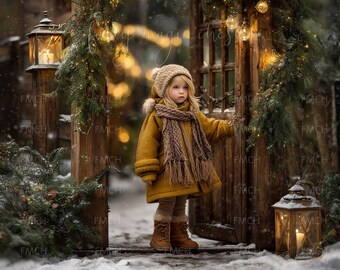 Christmas Door Digital Backdrop: Snowy Winter Forest Scene (Instant Download, 5000x4000 px, 300 dpi)