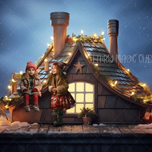 Fantasy Christmas Rooftop. Digital Background for Photography. Christmas digital backdrop. Snowy. Instant download.