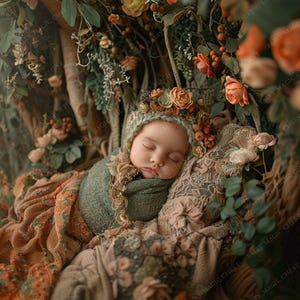 Puede incluir: Un bebé recién nacido con una diadema floral y un arrullo verde está durmiendo en una cesta rodeada de vegetación y flores.