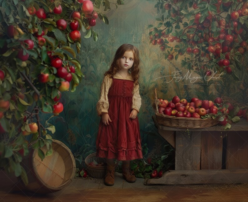 May include: A young girl in a red dress stands in front of a rustic backdrop with apple trees and a basket of apples. The girl is looking at the camera with a serious expression. The image has a vintage feel and is reminiscent of a fairytale.