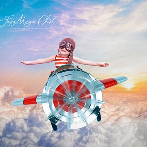 Airplan flying on the clouds Digital Background . Digital Backdrop for Composite Photography