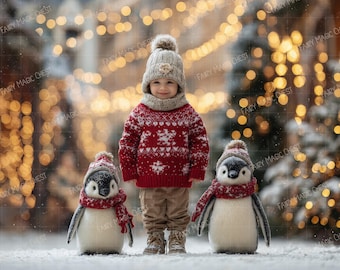 Christmas digital backdrop penguins snowy village lights . Instant download