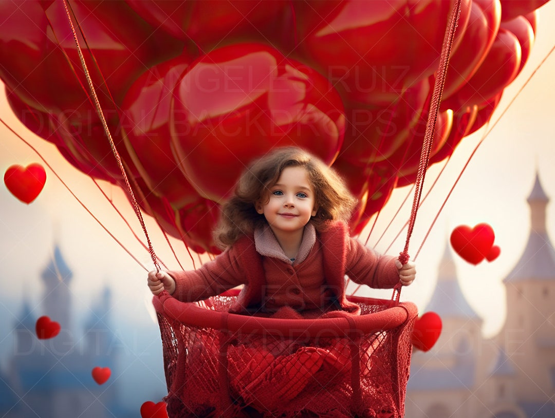 Hot Air Balloon Digital Backdrop Valentine , for Photography / Digital