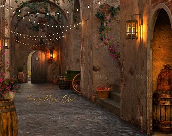 May include: A rustic stone alleyway with a wooden door, string lights, and a barrel. The alleyway is decorated with flowers and has a basket of apples on a step. The text "Fairy Magic Chest" is written on the ground.
