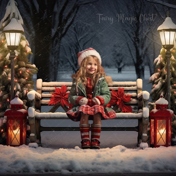 Winter Wonderland Bench: Christmas Digital Background for photography, digital backdrop. Instant download.