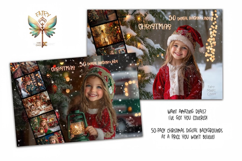 May include: A set of 50 digital Christmas backgrounds featuring a variety of snowy winter scenes with twinkling lights and a young girl in a red Santa suit. The text "50 Digital Backgrounds" and "Christmas" is included in the image.
