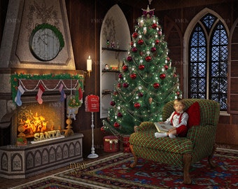 Christmas digital backdrop / background, vintage green armchair by fireplace, for photography and Photoshop.