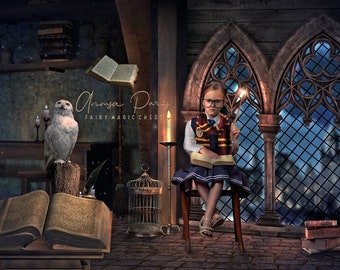 Digital background / backdrop, wizardry school , also for witch, scene with magic , books and owl