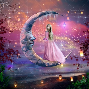 Digital Background for Photography. Fantasy Moon and lanterns on the beach. Digital Backdrop for Composite Photography