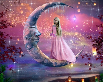 Digital Background for Photography. Fantasy Moon and lanterns on the beach. Digital Backdrop for Composite Photography