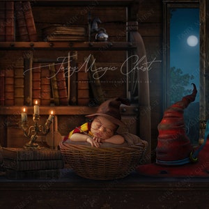 Newborn Wizard digital background, digital backdrop for baby photography, library and window, digital download