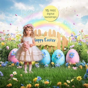 May include: A young girl in a white dress with a floral headband stands in front of a wooden fence with a sign that reads "Happy Easter". The fence is surrounded by colorful Easter eggs and flowers. The background is a blue sky with a rainbow.