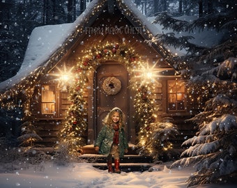 Christmas Cabin Digital Backdrop: Snowy Forest Photography Background (Digital Download)