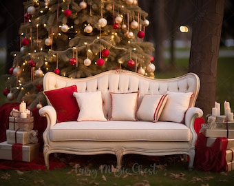 May include: A white, ornate sofa with red and white pillows sits in front of a Christmas tree decorated with red and gold ornaments. The sofa is surrounded by presents wrapped in red and gold paper.