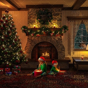 May include: Two children in Santa hats sit by a fireplace in a cozy living room decorated for Christmas. A lit Christmas tree stands in the corner, and a roaring fire burns in the hearth. The children are holding wrapped gifts.