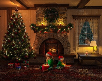 Christmas digital backdrop  / background , Christmas tree by fireplace and reindeer behind the window. Gift: box with magic shine overlay