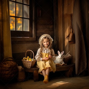 Easter Digital Backdrop for Photography. Bunny in Cozy Farm. Digital Background Photoshop. Instant download