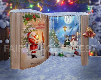 Christmas Book Digital Backdrop: Santa, Snowmen, Magical Scene (Digital Download)