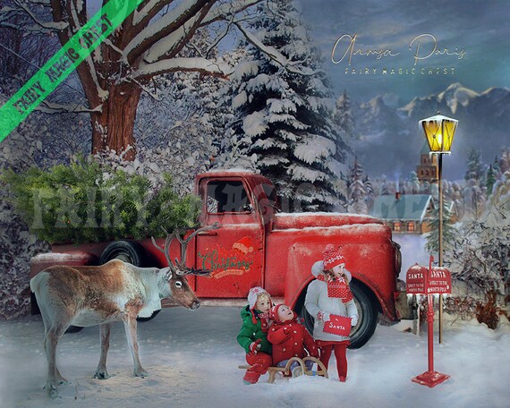 Christmas red truck with tree digital background / backdrop | Etsy