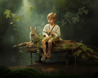 Bunny Easter Photography Backdrop: Rabbit on Log (Digital Download)