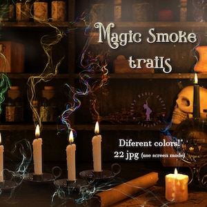Könnte beinhalten: Eine Sammlung von 22 digitalen Bildern mit magischen Rauchspuren in verschiedenen Farben. Die Bilder sind perfekt, um Ihren digitalen Projekten eine mystische Note zu verleihen. Der Text "Magic Smoke Trails" wird auf einem Holzregal mit Kerzen und Zaubertrankflaschen angezeigt.