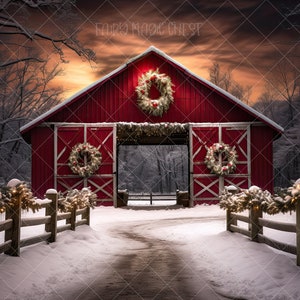Christmas Digital Backdrop for Photography. Snowy Red Barn Christmas digital background. Winter. Instant download.