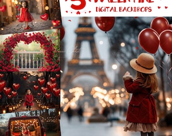 Valentine’s Day Digital Backdrop Bundle, 5 Romantic Photography Backgrounds, Red Roses, Paris, Heart Balloons, JPG