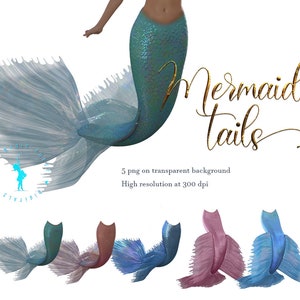 Mermaid Tails, digital overlays, separated png files on transparent background. Varied colors and positions.