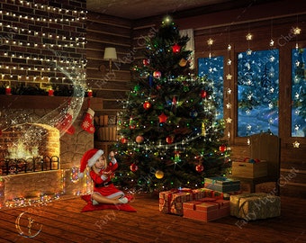 Christmas Tree Fireplace Digital Backdrop: Magical Sparkles (Digital Download)
