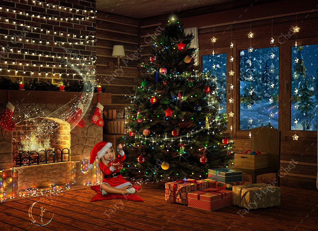クリスマスツリーの暖炉デジタル背景：魔法の輝き（デジタル