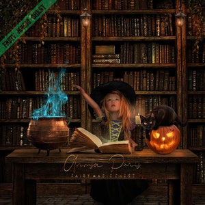 Digital background with a bookcase and overlay with a table for witch or wizard. 2 versions, with or without cat.