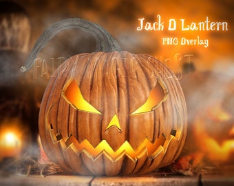 May include: A carved jack-o'-lantern with a menacing grin and glowing eyes. The pumpkin is surrounded by smoke and a warm orange glow. The text "Jack O Lantern PNG Overlay" is visible at the top of the image.