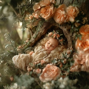 Fondo digital para fotografía de recién nacidos: dormitorio con casa en el árbol de cuento de hadas. Fondo digital para foto compuesta